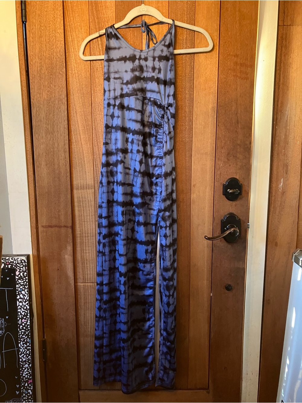Blue Tie-Dye Halter Dress with Slit